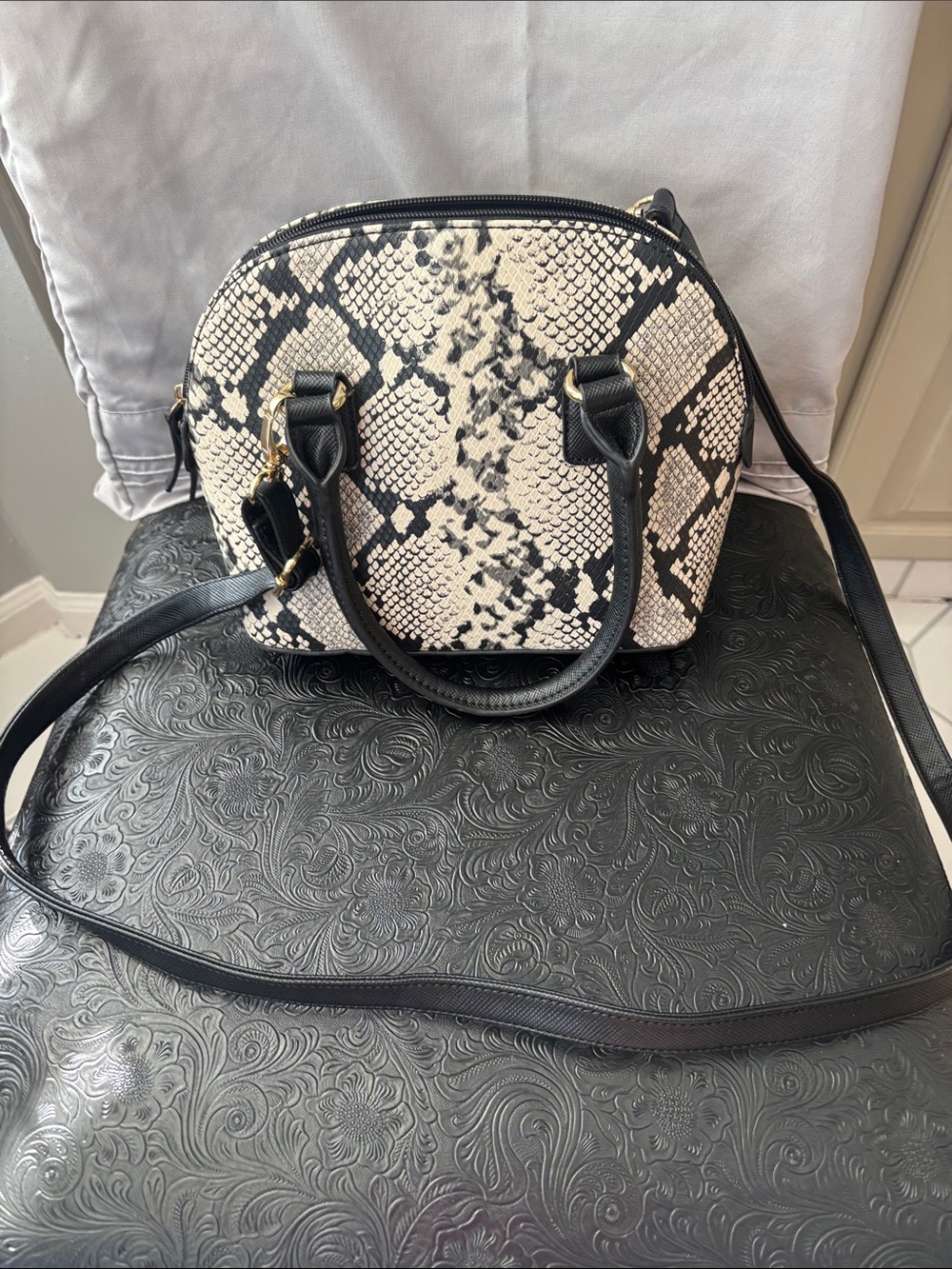 Apt. 9 Black and White Snake-Print Dome Satchel